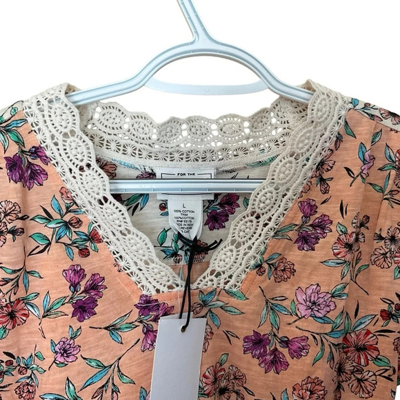 For The Republic High low Crochet Trim Orange Top Shirt Floral Boho Relax Large - Picture 2 of 6